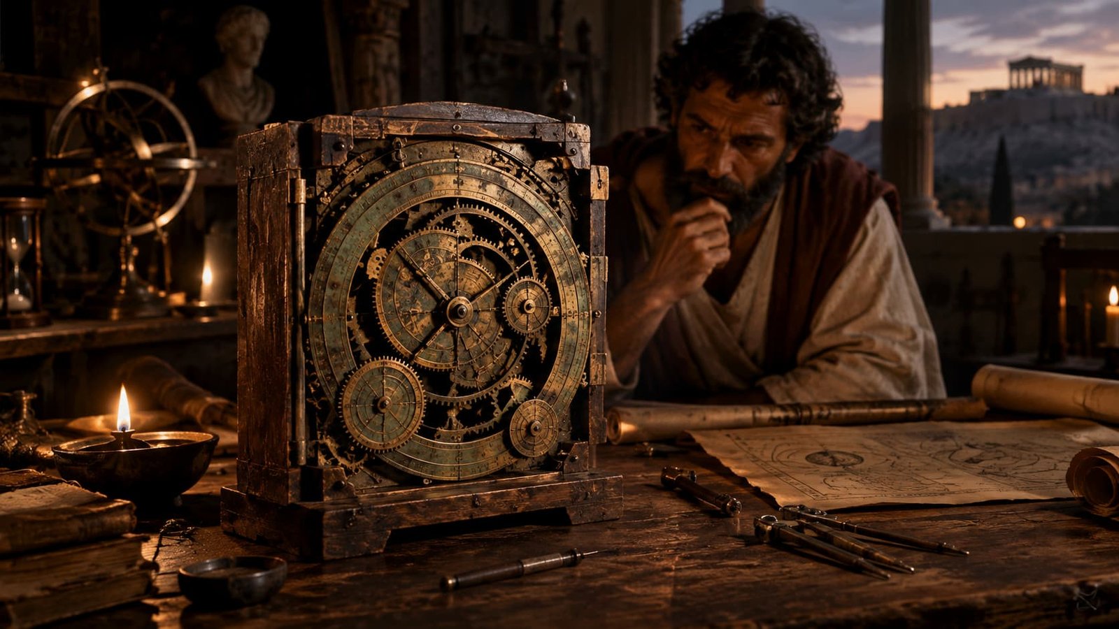 प्राचीन Greek Antikythera Mechanism मधील Bronze gears आणि astronomical dials