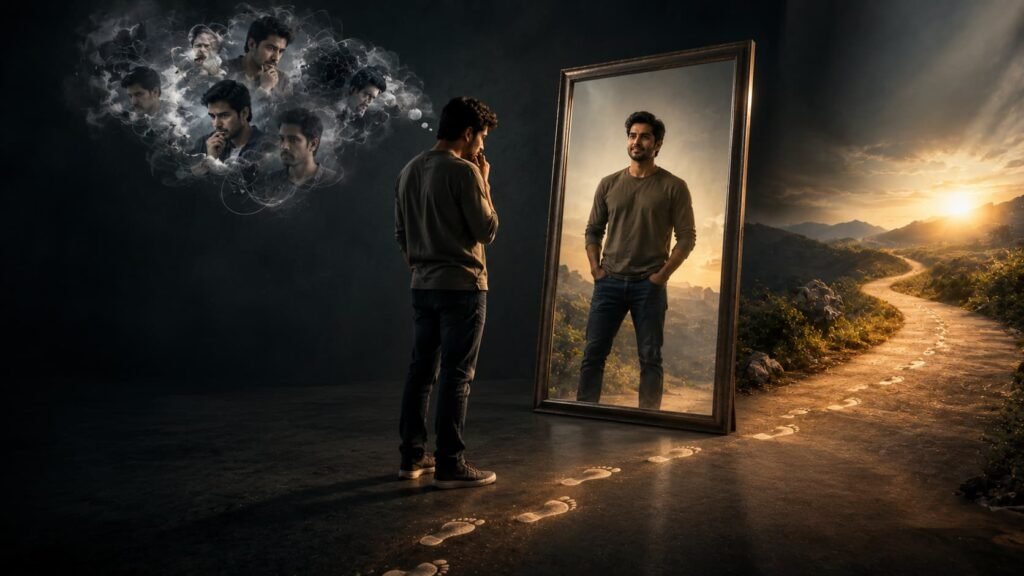 As a Man Thinketh आणि विचारांचा वर्तनावर परिणाम दर्शवणारी Psychology illustration