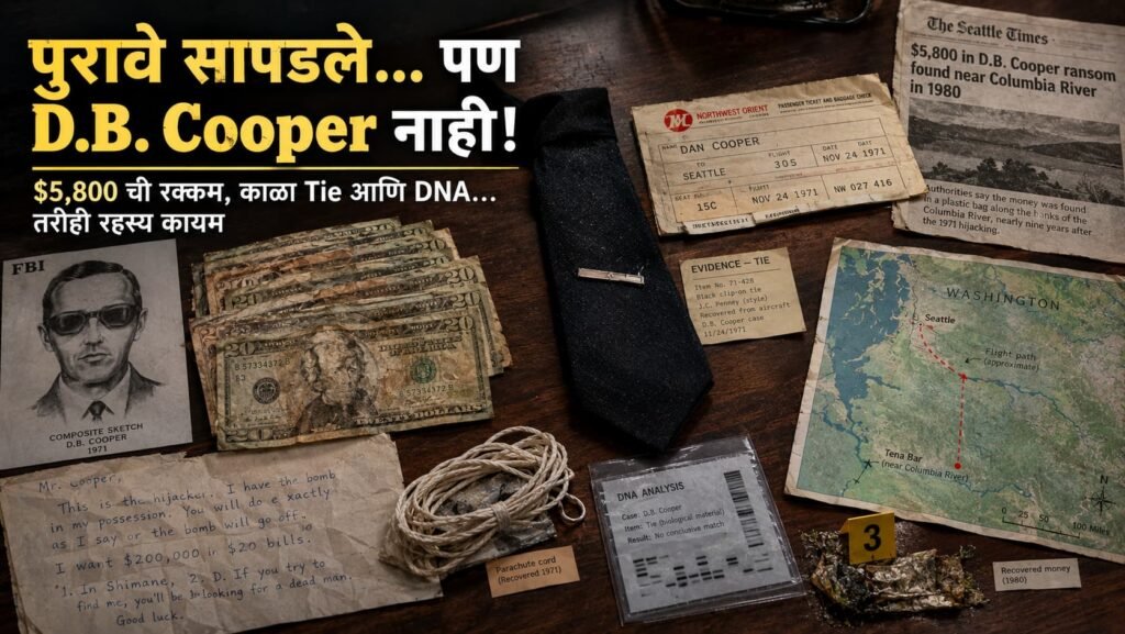 D.B. Cooper केस मधील ransom money, काळा tie, Dan Cooper ticket आणि DNA evidence दर्शवणारे पुरावे