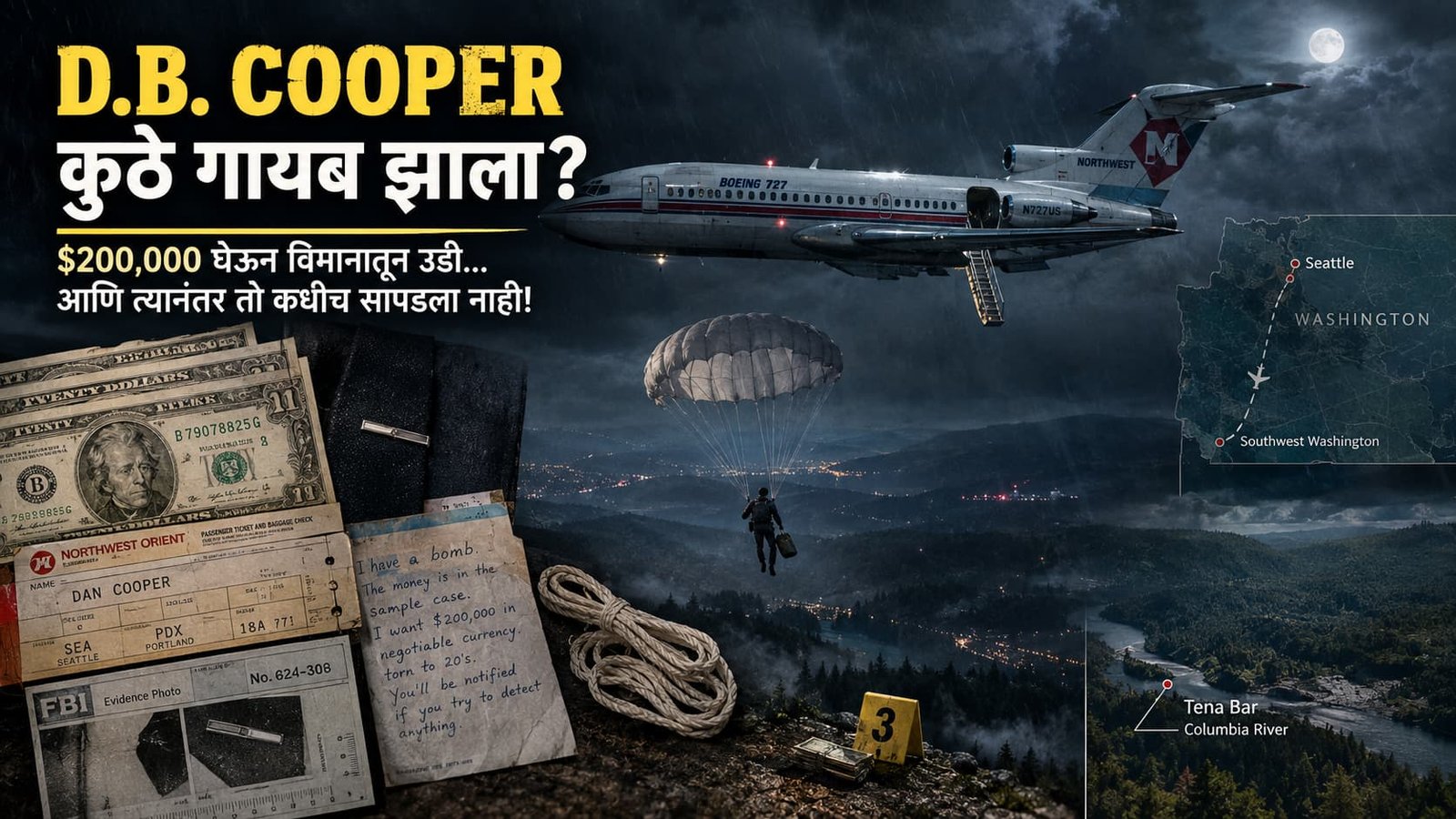 D.B. Cooper ने $200,000 घेऊन Boeing 727 मधून parachute jump केल्यानंतर गायब झाल्याचे रहस्यमय दृश्य