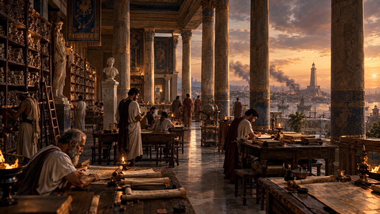 प्राचीन Library of Alexandria मधील विद्वान आणि papyrus scrolls