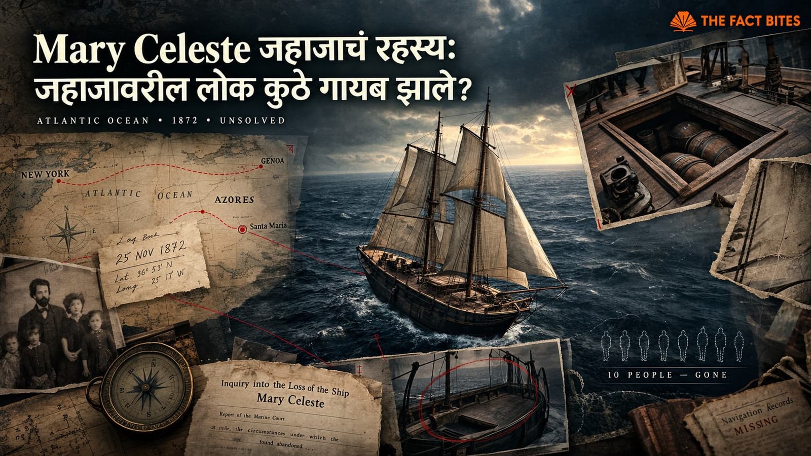 Mary Celeste जहाजाचं रहस्य आणि जहाजावरील लोकांच्या गायब होण्याचे clues दाखवणारी documentary-style historical image