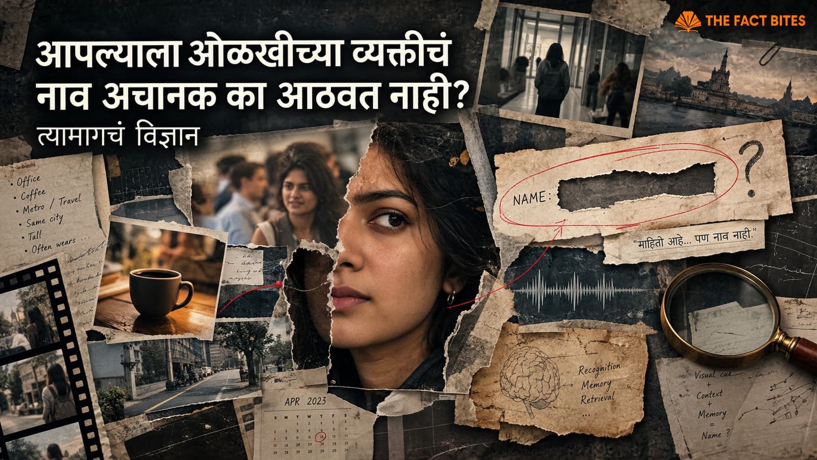 ओळखीच्या व्यक्तीचा चेहरा ओळखू येतो पण नाव आठवत नाही हे दाखवणारी मानसशास्त्रीय कोलाज प्रतिमा