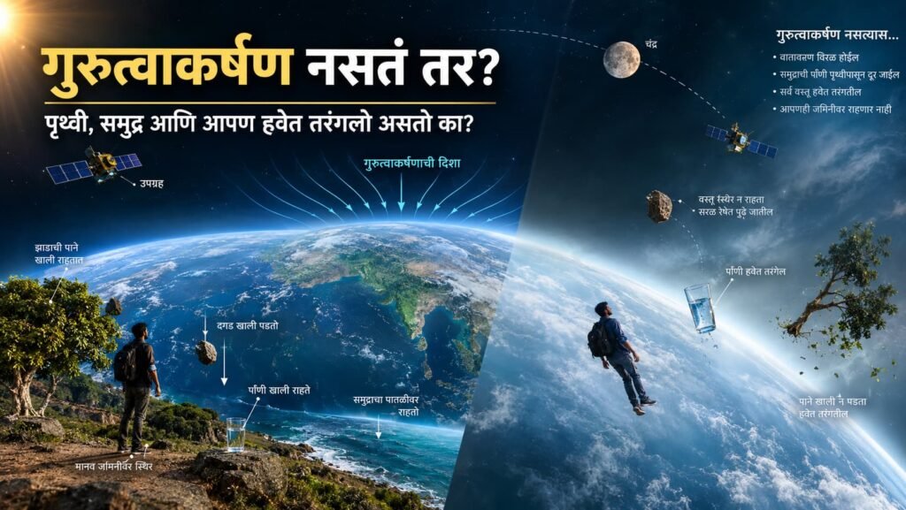 पृथ्वीचे गुरुत्वाकर्षण नसते तर पृथ्वी, समुद्र व वातावरणावर होणारे परिणाम दर्शवणारे वैज्ञानिक दृश्य