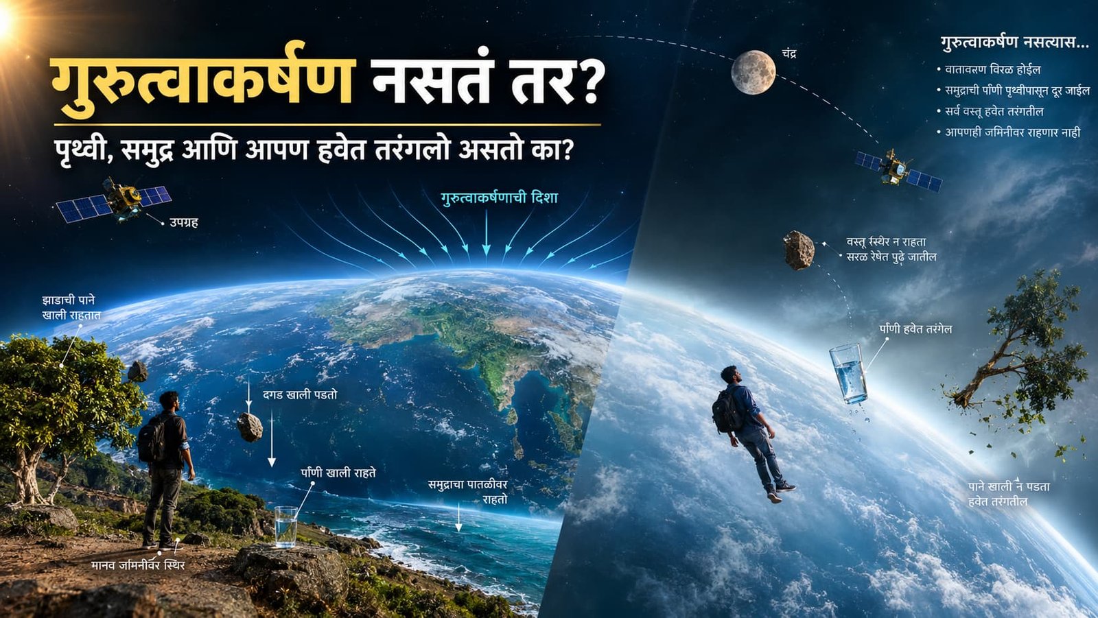 पृथ्वीचे गुरुत्वाकर्षण आणि ते नसते तर पृथ्वी, समुद्र व वातावरणावर होणारे परिणाम दर्शवणारे वैज्ञानिक दृश्य