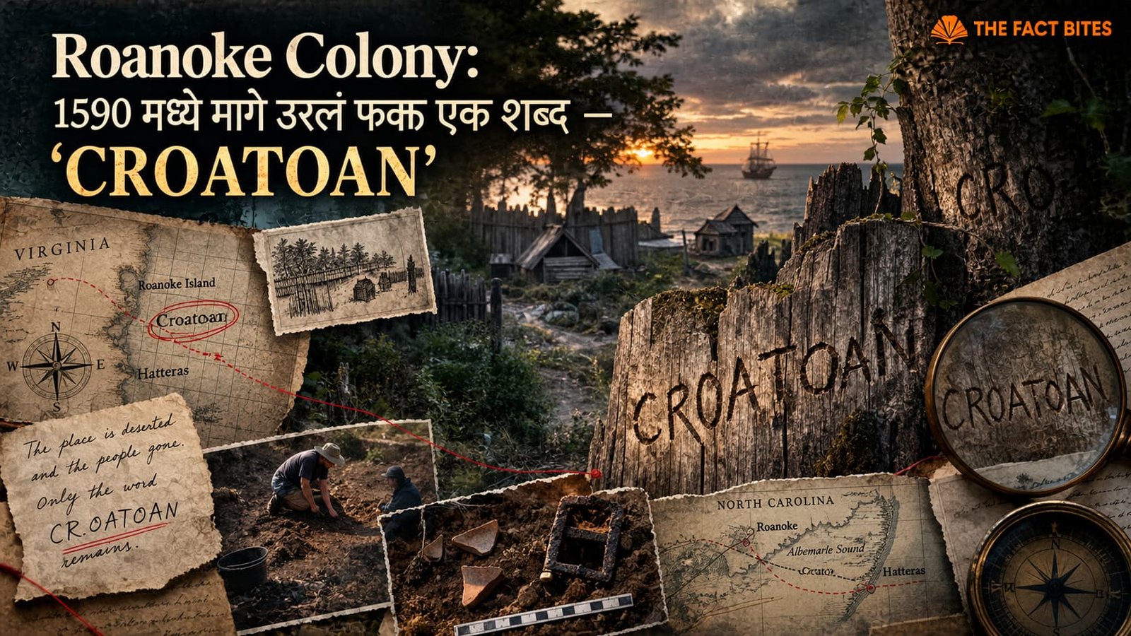 1590 मध्ये गायब झालेल्या Roanoke Colony आणि CROATOAN संकेताचं ऐतिहासिक रहस्य दाखवणारी archaeological collage प्रतिमा