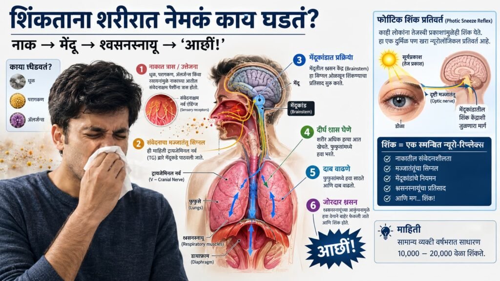 शिंकणे : शिंकताना नाकातील signal मेंदूपर्यंत जाऊन शरीरात होणारी sneeze reflex प्रक्रिया