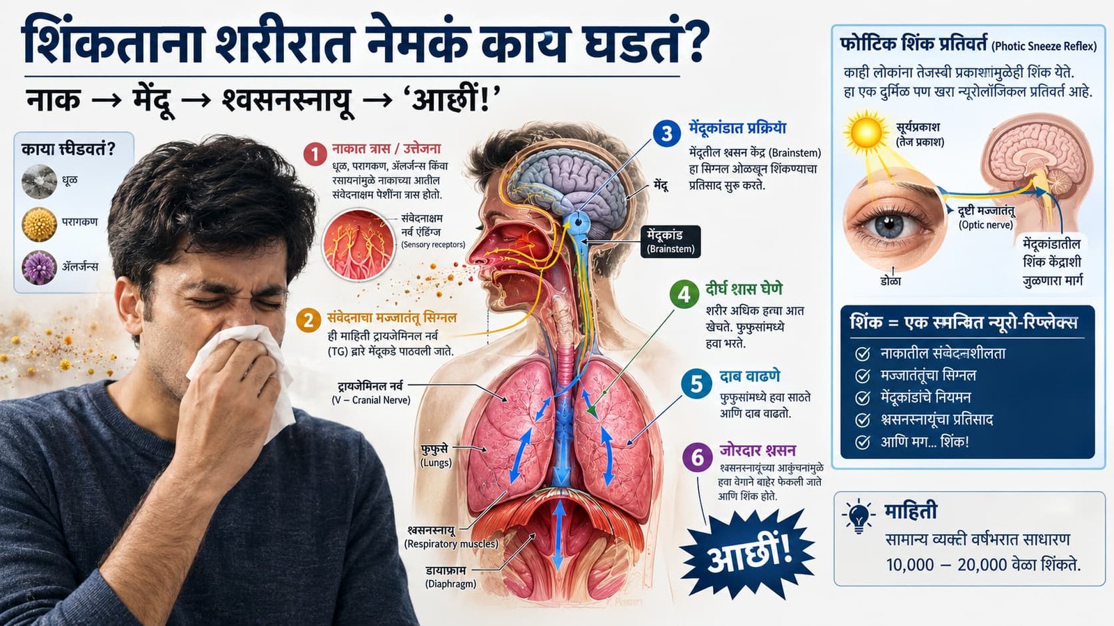 शिंकणे : शिंकताना नाकातील signal मेंदूपर्यंत जाऊन शरीरात होणारी sneeze reflex प्रक्रिया