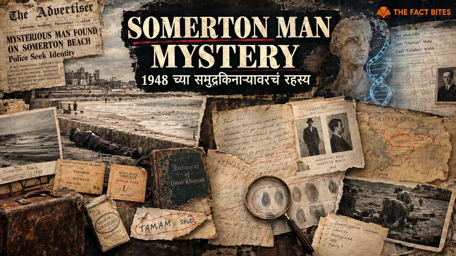 Somerton Man Mystery आणि Tamam Shud संकेताचं ऐतिहासिक रहस्य दाखवणारी archival collage प्रतिमा