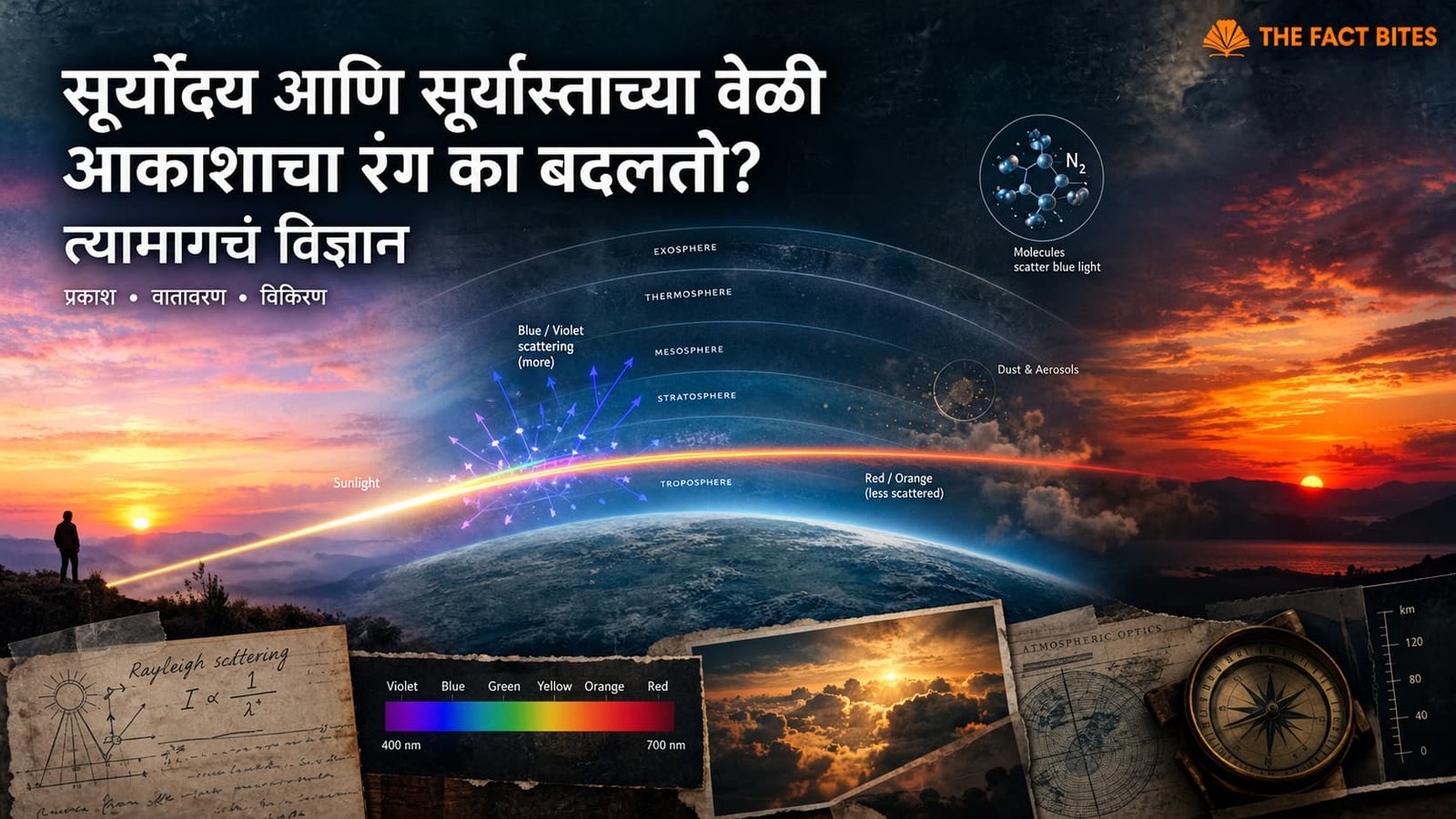 सूर्योदय आणि सूर्यास्ताच्या वेळी आकाशाचा रंग का बदलतो हे प्रकाशाच्या विकिरणातून दाखवणारी वैज्ञानिक प्रतिमा
