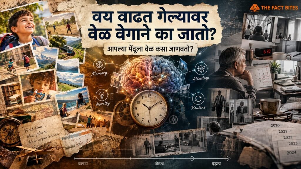 वय वाढत गेल्यावर वेळ वेगाने जात असल्यासारखा का वाटतो हे memory, routine आणि brain time perception द्वारे दाखवणारी collage image