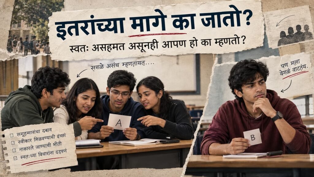 आपण स्वतः असहमत असूनही इतरांच्या मागे का जातो हे दाखवणारी Conformity आणि Social Pressure ची प्रतिमा