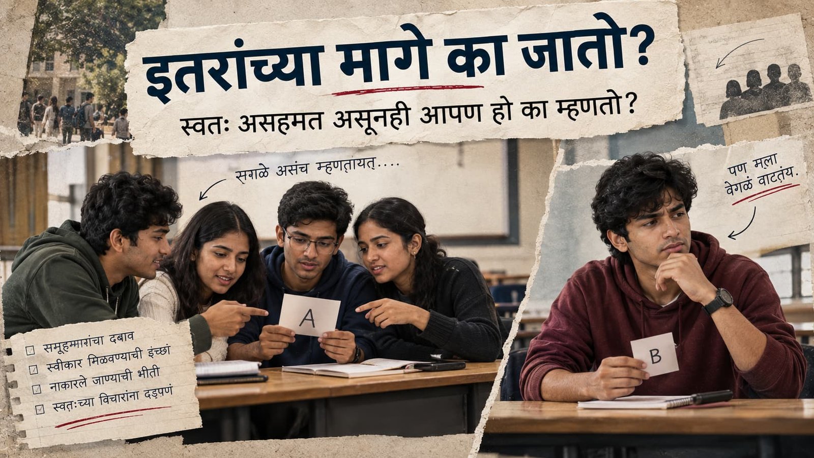 आपण स्वतः असहमत असूनही इतरांच्या मागे का जातो हे दाखवणारी Conformity आणि Social Pressure ची प्रतिमा