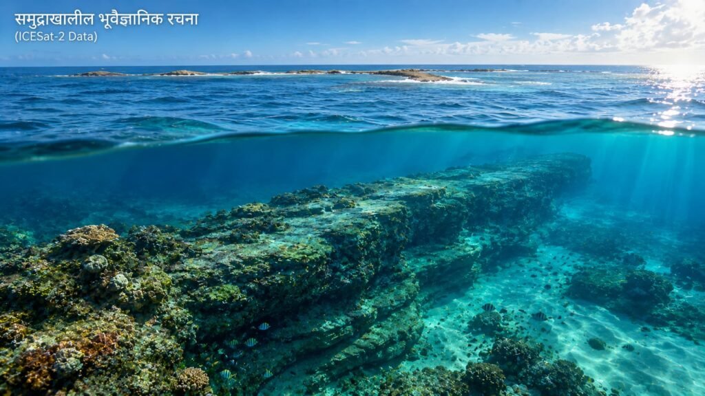 नासा आणि आयसीईसॅट उपग्रहाद्वारे तयार केलेले ॲडम्स ब्रिजचे डिजिटल बाथिमीट्री मॉडेल