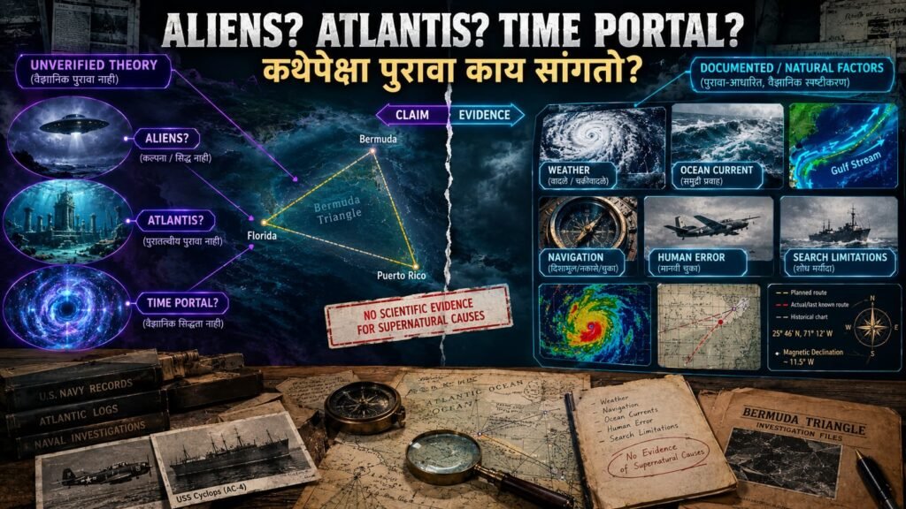 Bermuda Triangle मधील aliens Atlantis आणि time portal theories विरुद्ध वैज्ञानिक आणि नैसर्गिक पुरावे दाखवणारी image
