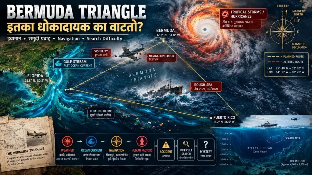 Bermuda Triangle मध्ये हवामान, Gulf Stream, navigation आणि समुद्री परिस्थितीमुळे धोका कसा निर्माण होतो हे दाखवणारी scientific image