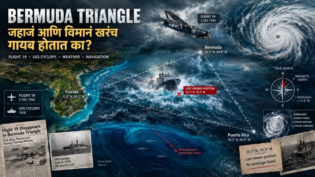 Bermuda Triangle मध्ये जहाज आणि विमान गायब होण्याचे रहस्य दाखवणारा नकाशा, Flight 19, USS Cyclops आणि समुद्री वादळ