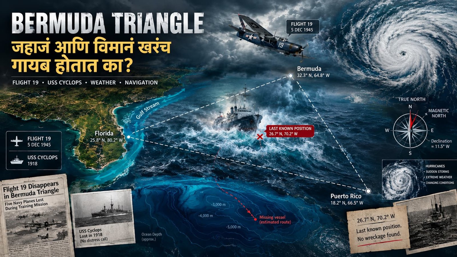 Bermuda Triangle मध्ये जहाज आणि विमान गायब होण्याचे रहस्य दाखवणारा नकाशा, Flight 19, USS Cyclops आणि समुद्री वादळ