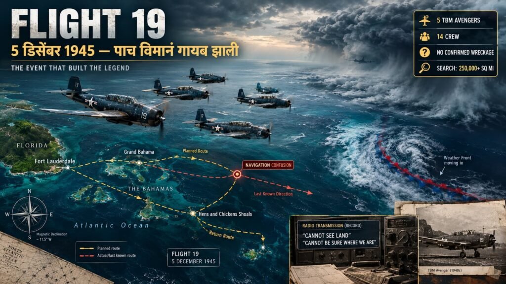 5 डिसेंबर 1945 रोजी गायब झालेल्या Flight 19 च्या पाच TBM Avenger विमानांचा Bermuda Triangle रहस्यातील ऐतिहासिक नकाशा