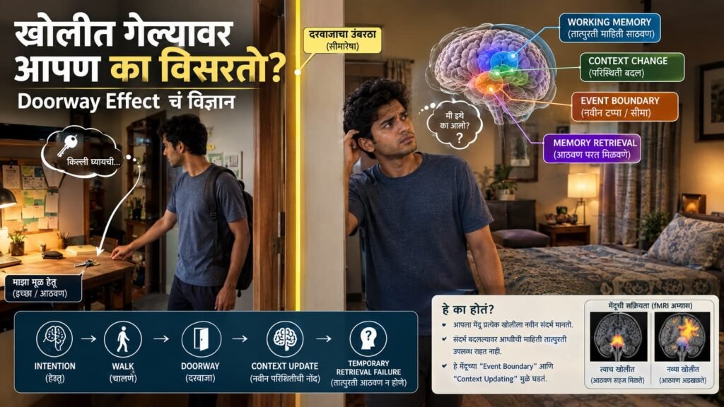 खोलीत गेल्यावर आपण का विसरतो हे दाखवणारे Doorway Effect आणि मेंदूतील memory updating चे दृश्य