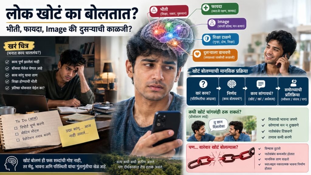 खोटं बोलणं: लोक खोटं का बोलतात यामागील भीती, फायदा, image आणि prosocial lying दर्शवणारे मानसशास्त्रीय दृश्य