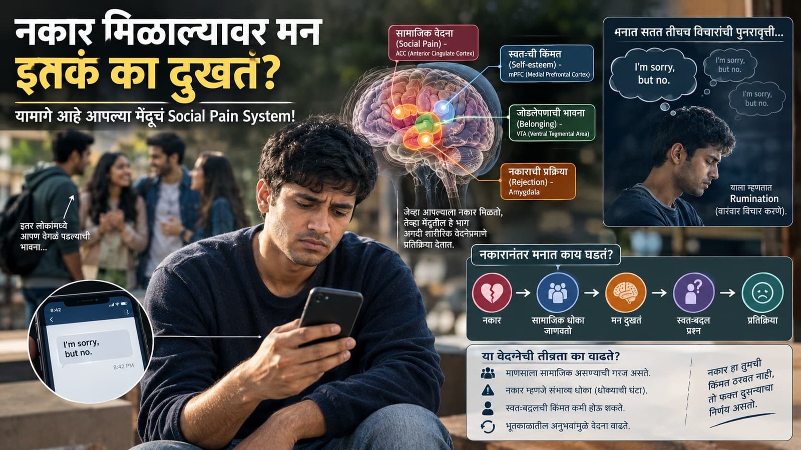 नकार मिळाल्यानंतर मन दुखण्यामागील मानसशास्त्र आणि social pain दर्शवणारे दृश्य
