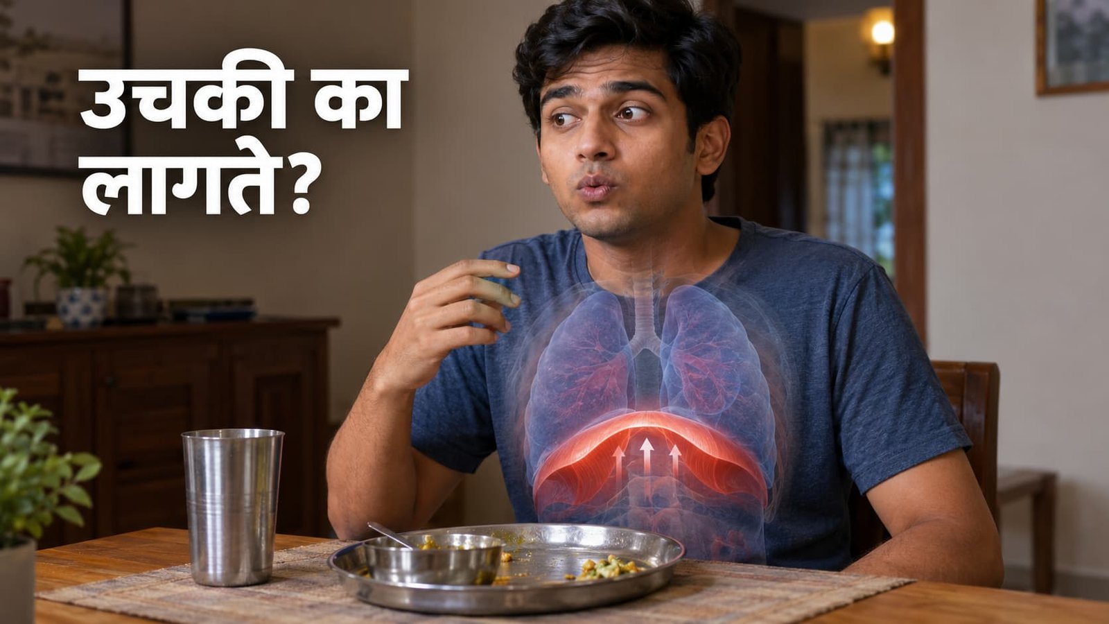 उचकी का लागते हे समजावणारे डायाफ्राम आणि श्वसन reflex चे realistic वैज्ञानिक दृश्य