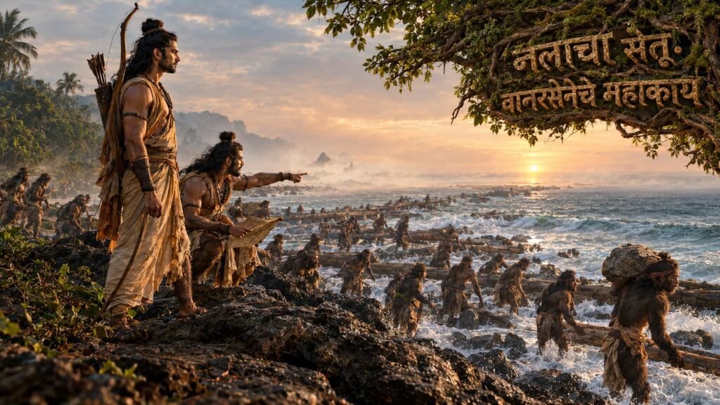 वाल्मिकी रामायणातील वर्णनानुसार नल आणि वानरसेनेद्वारे रामसेतूचे प्राचीन बांधकाम